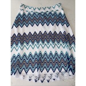 Zac & Rachel Womens Skirt PM Blue/White Chevron A-line Midi Stripe Skirt Crochet